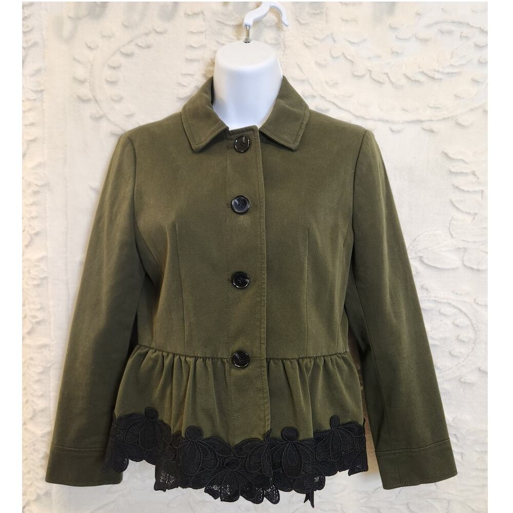 Preppy Whimsy Coquette Glam Olive Green & Lace Ann Taylor Peplum Jacket   Size 0